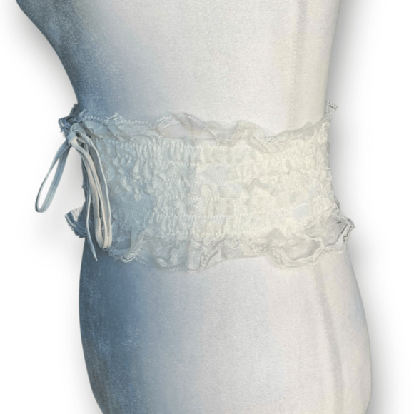 Y2K Lace Corset Belt Cream Leather Lace Up Wide Elastic Waist Statement Romantic - Picture 5 of 7